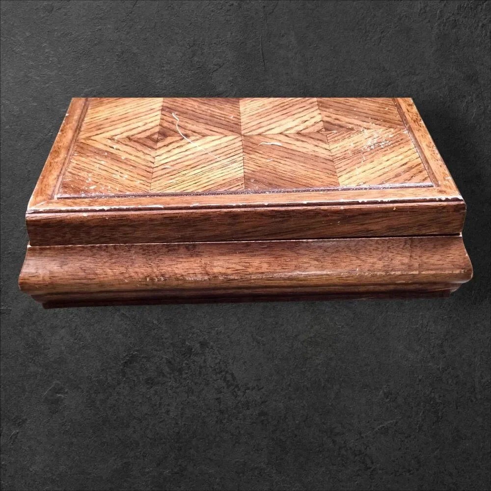 Vintage 1970s Wood Jewelry Box Orange Velvet Parquet Lid Jay Import Co 13